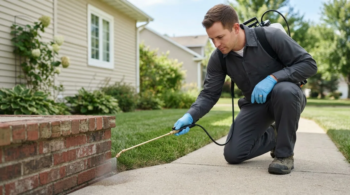 Pest control technician treating a home near Jarvisburg, NC